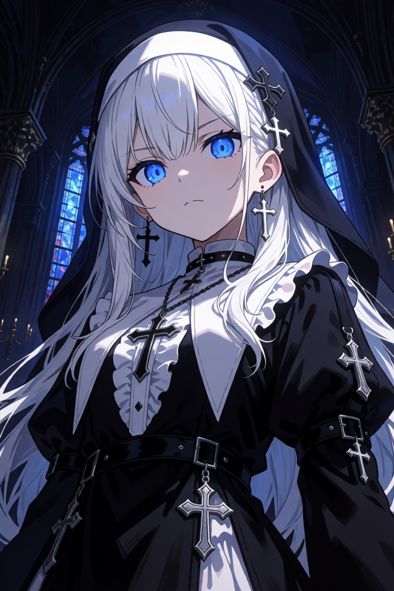 A dramatic low-angle portrait of an anime girl with long white hair and intense glowing blue eyes. She has an angry,  frow...