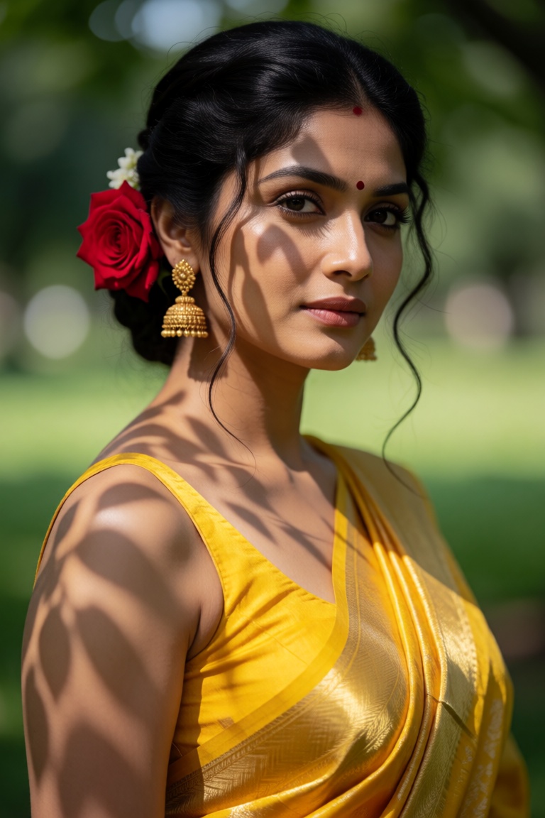 A cinematic portrait of a South Asian woman wearing a yellow silk saree with a gold border and a sleeveless blouse. Her ha...