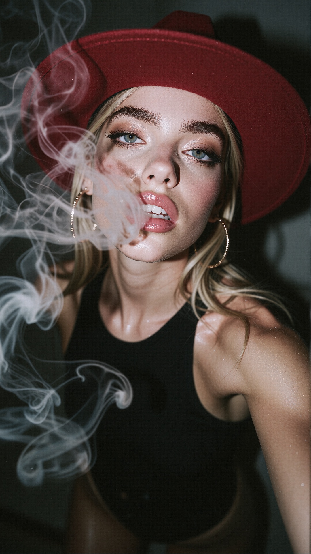 Smoke filled room ,  dry matte skin,  petite 1woman Posh1 Hoop earings on Tensor.Art