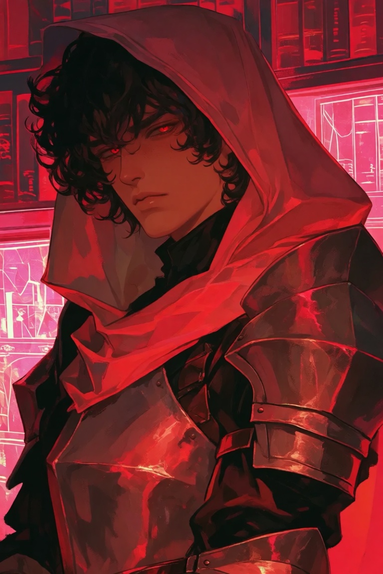 The image depicts a character with dark,  curly hair partially covered by a red cloth. The character is wearing a metallic...