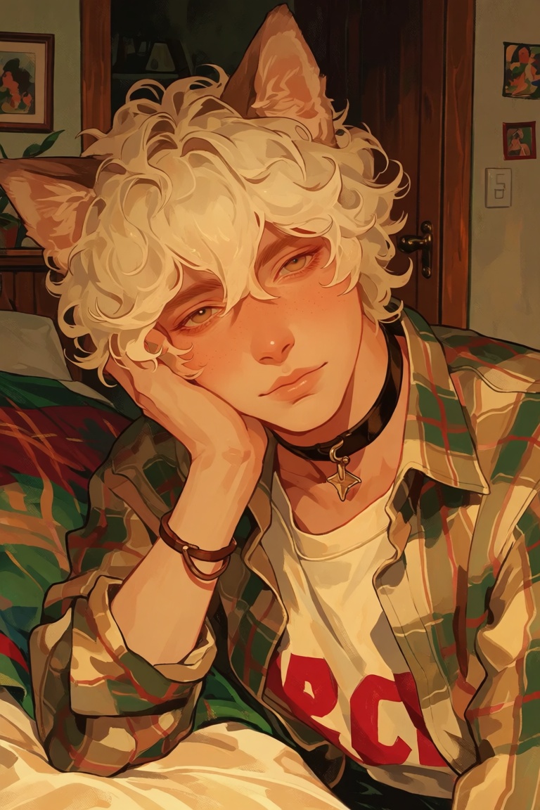 The image depicts a person with light-colored,  curly hair and cat-like ears,  resting their head on their hand. They are...