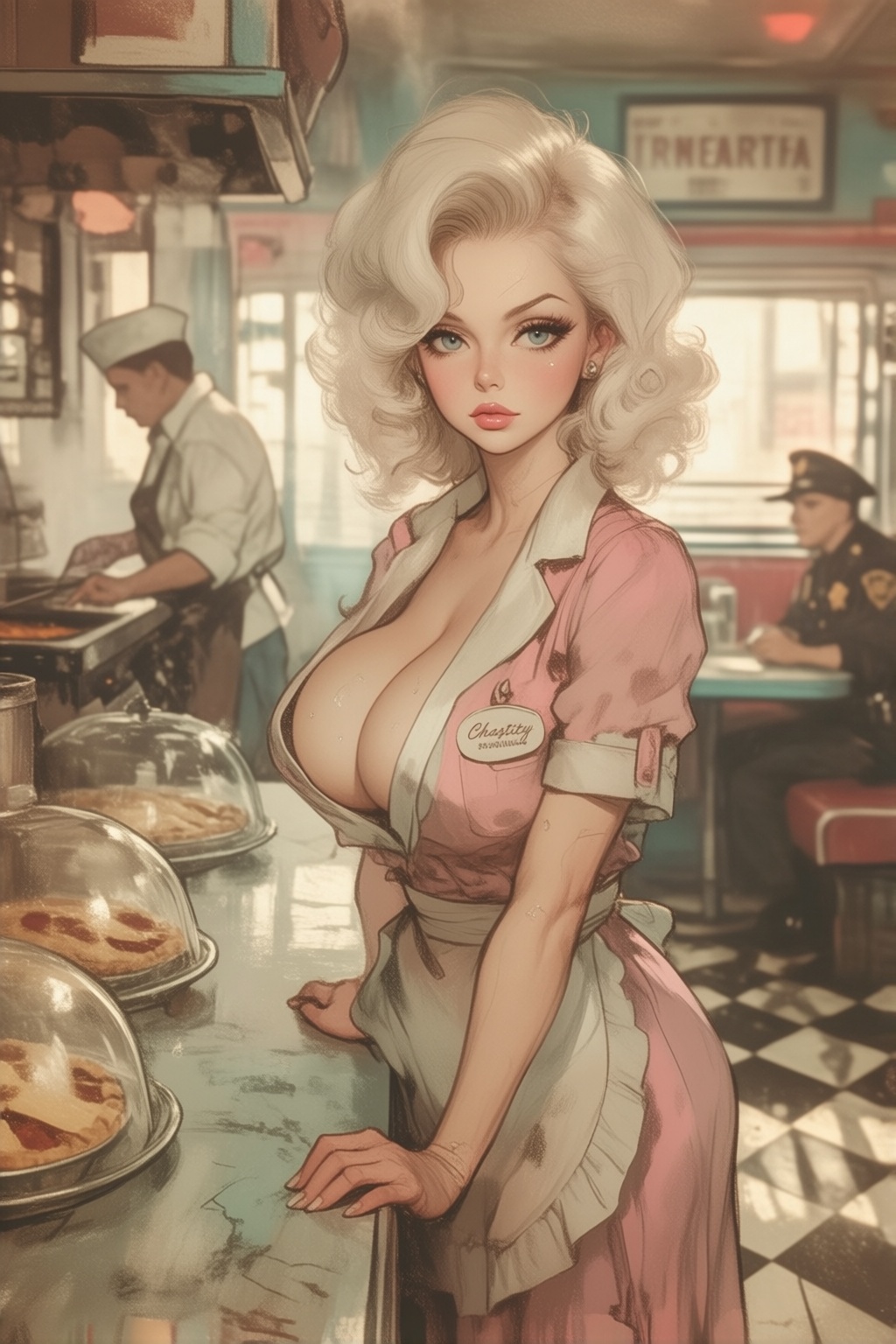 stankatayamaniji19k2e8 illustration. A waitress named Chastity,  with her name embroidered on a tag beside her large breas...
