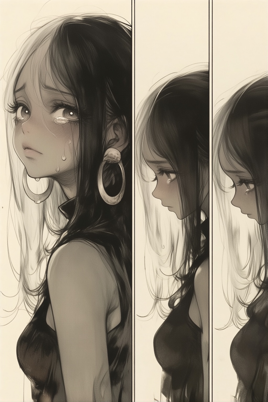 stankatayamaniji19k2e10. Triptych three-panel manga sequence depicts a young woman with long,  straight bicolored hair,  f...