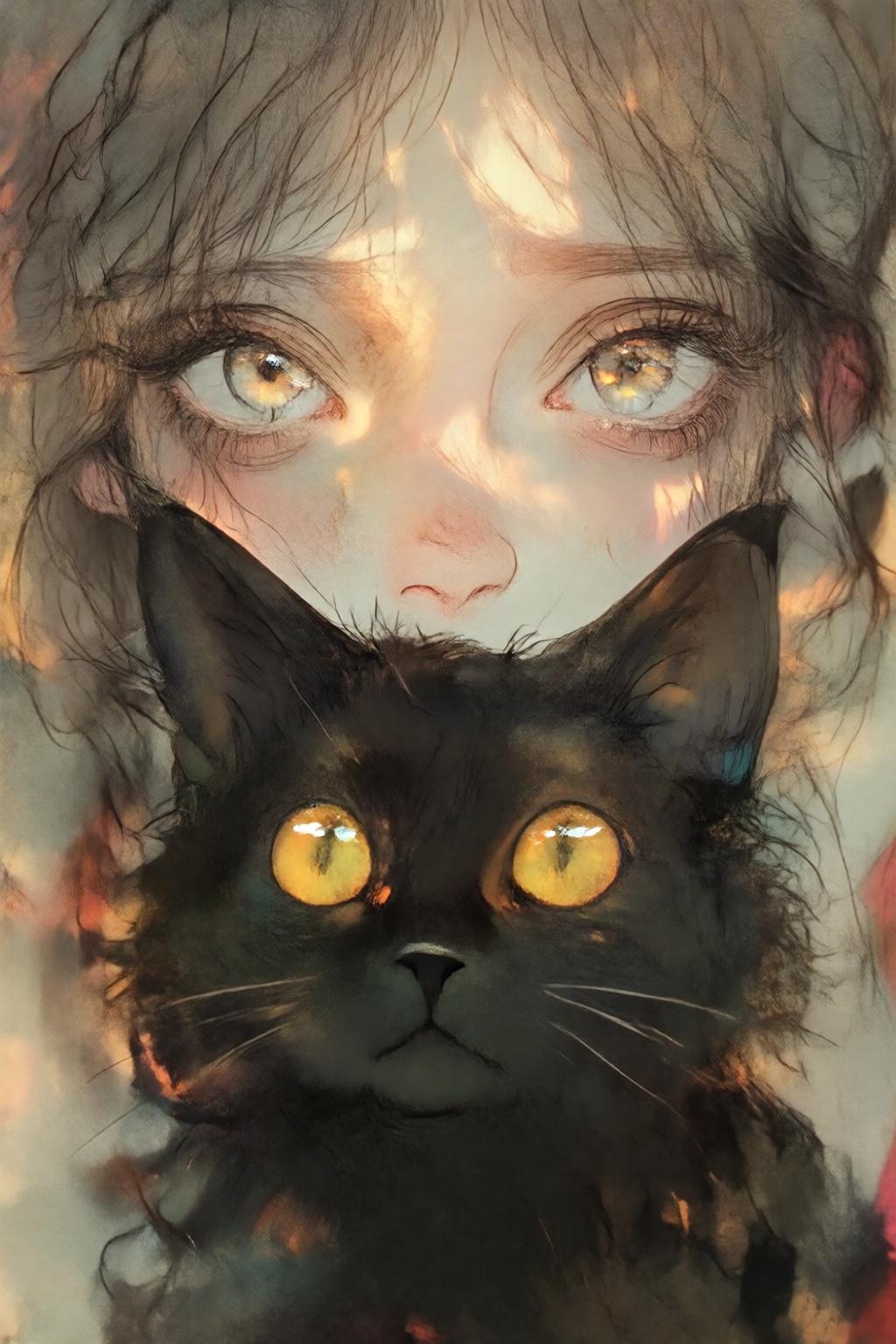 stankatayamaniji19k2e10 illustration. Extreme Close-up of a young woman with pale skin and light freckles partially obscur...