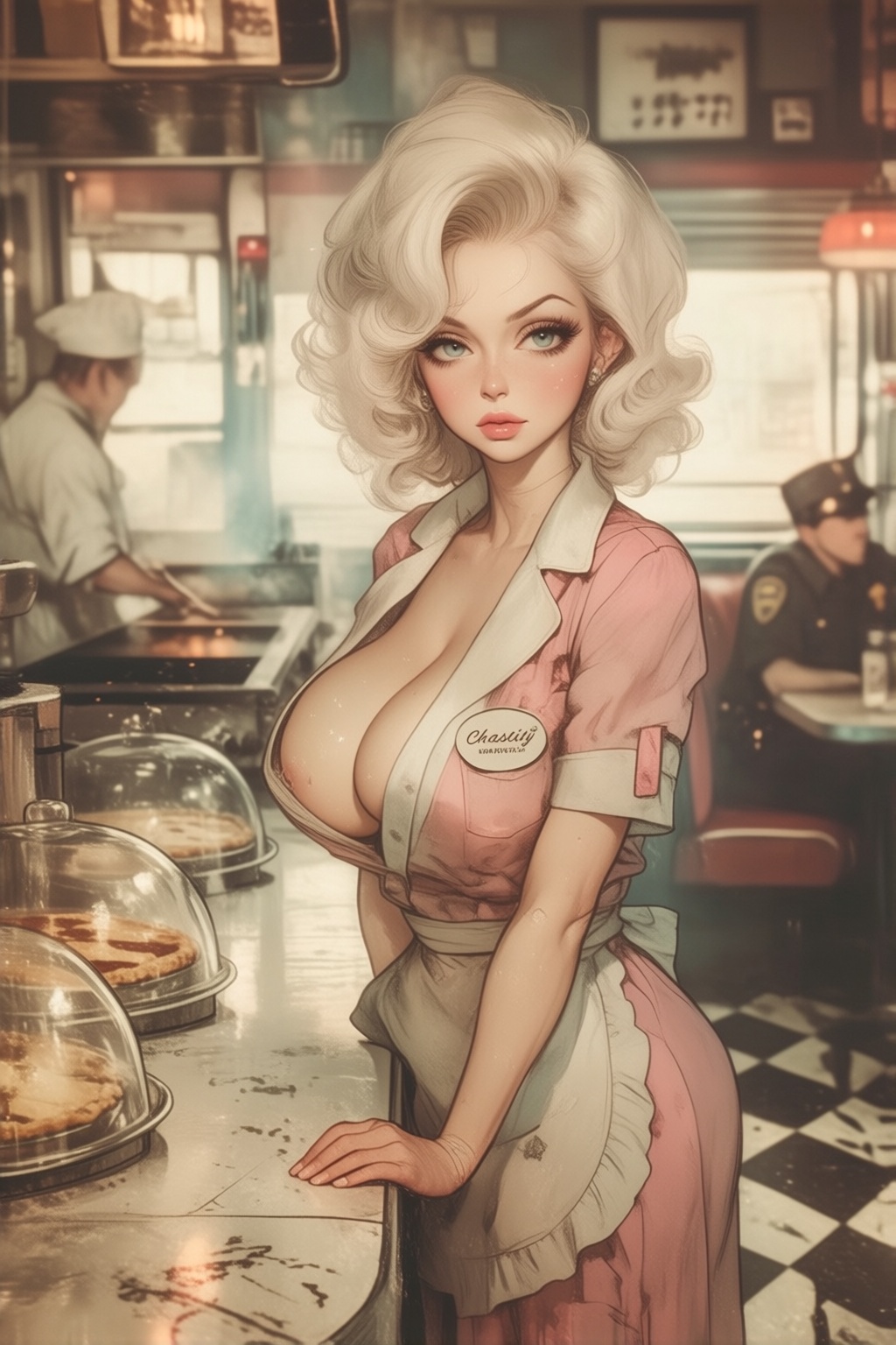 stankatayamaniji9k2e10 illustration. A waitress named Chastity,  with her name embroidered on a tag beside her large breas...