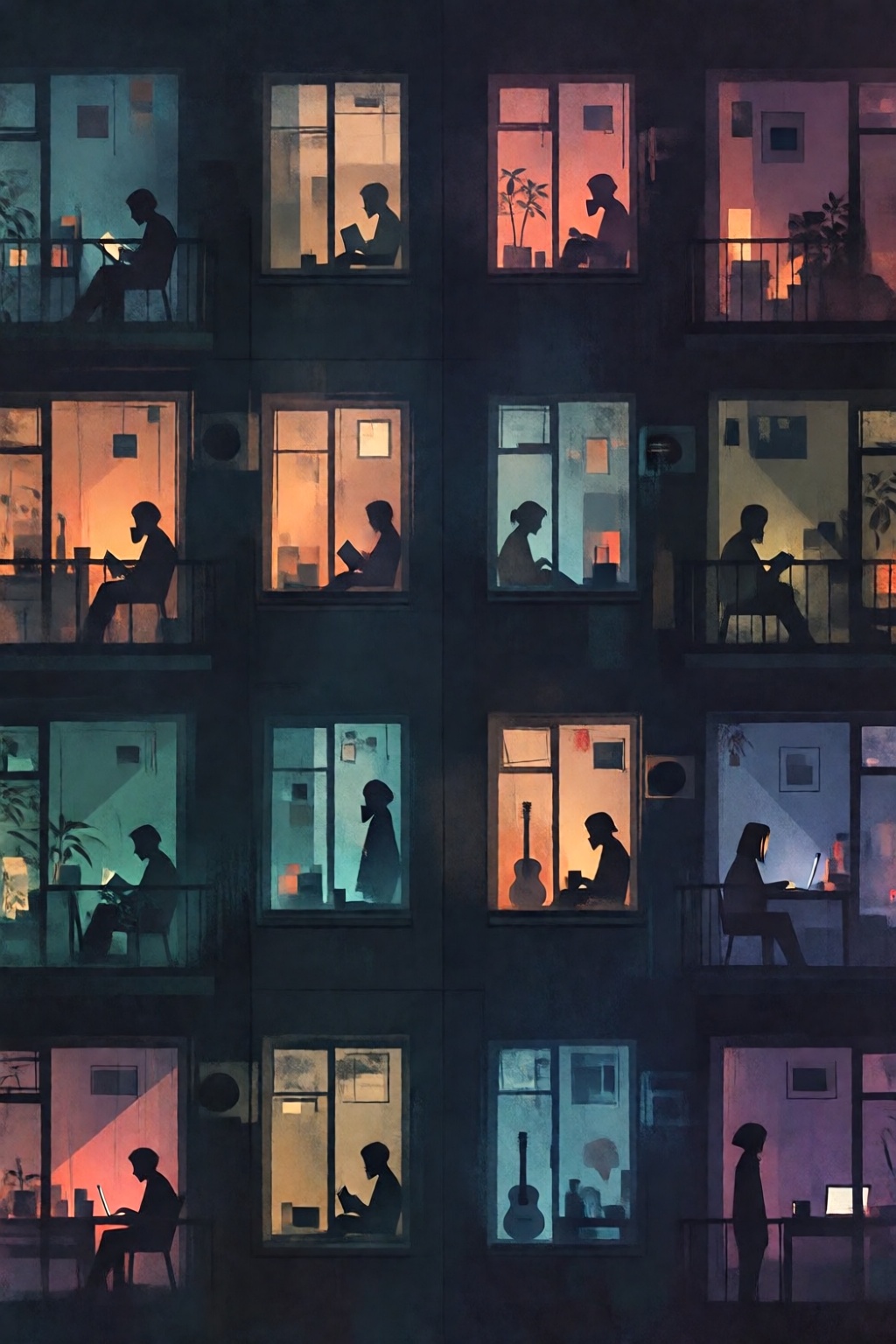 stankatayamaniji19k2e10 illustration. Wide-angle shot of a dark apartment building exterior at night reveals a grid of six...