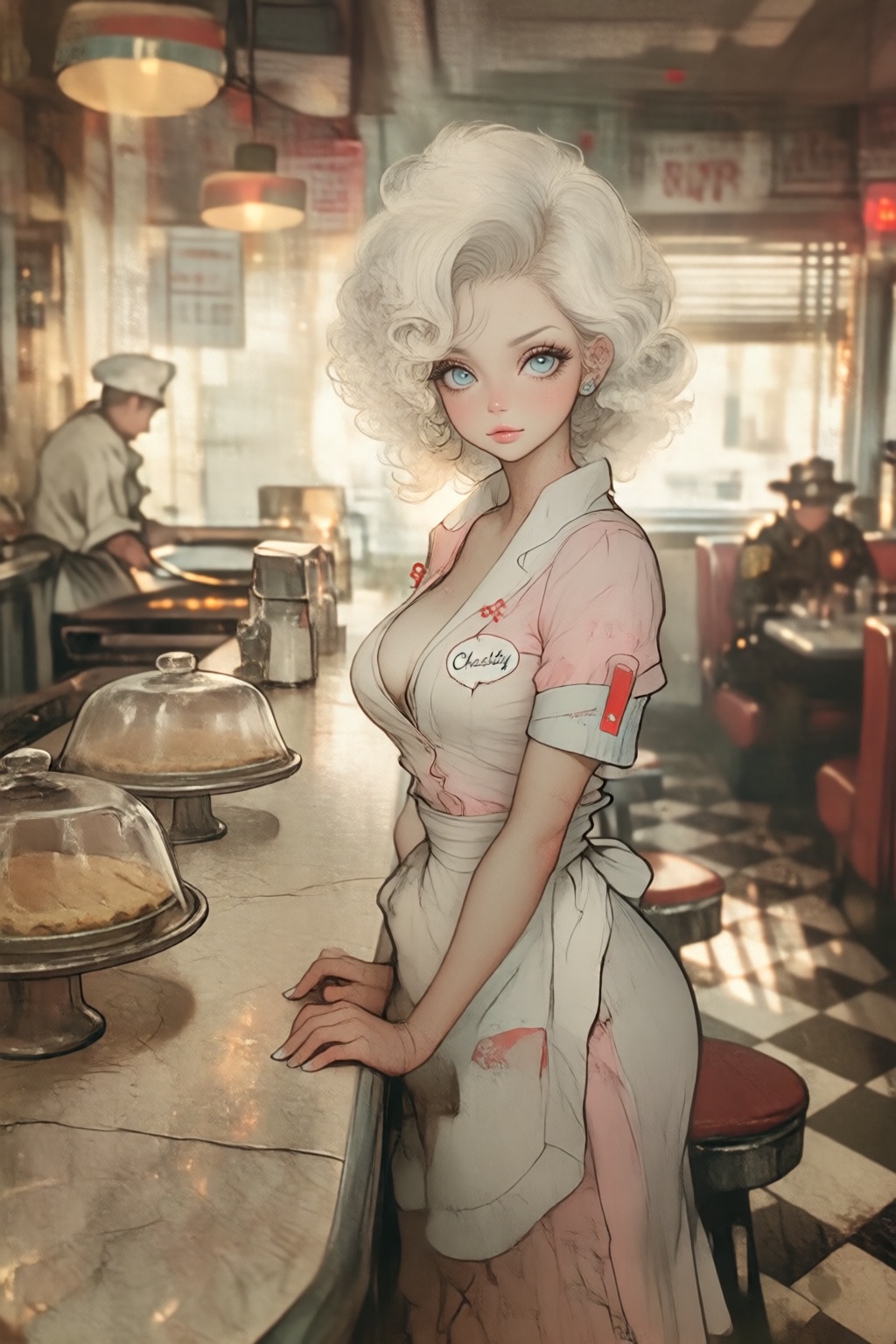 stankatayamaniji19k2e10 illustration. A waitress named Chastity,  with her name embroidered on a tag beside her large brea...