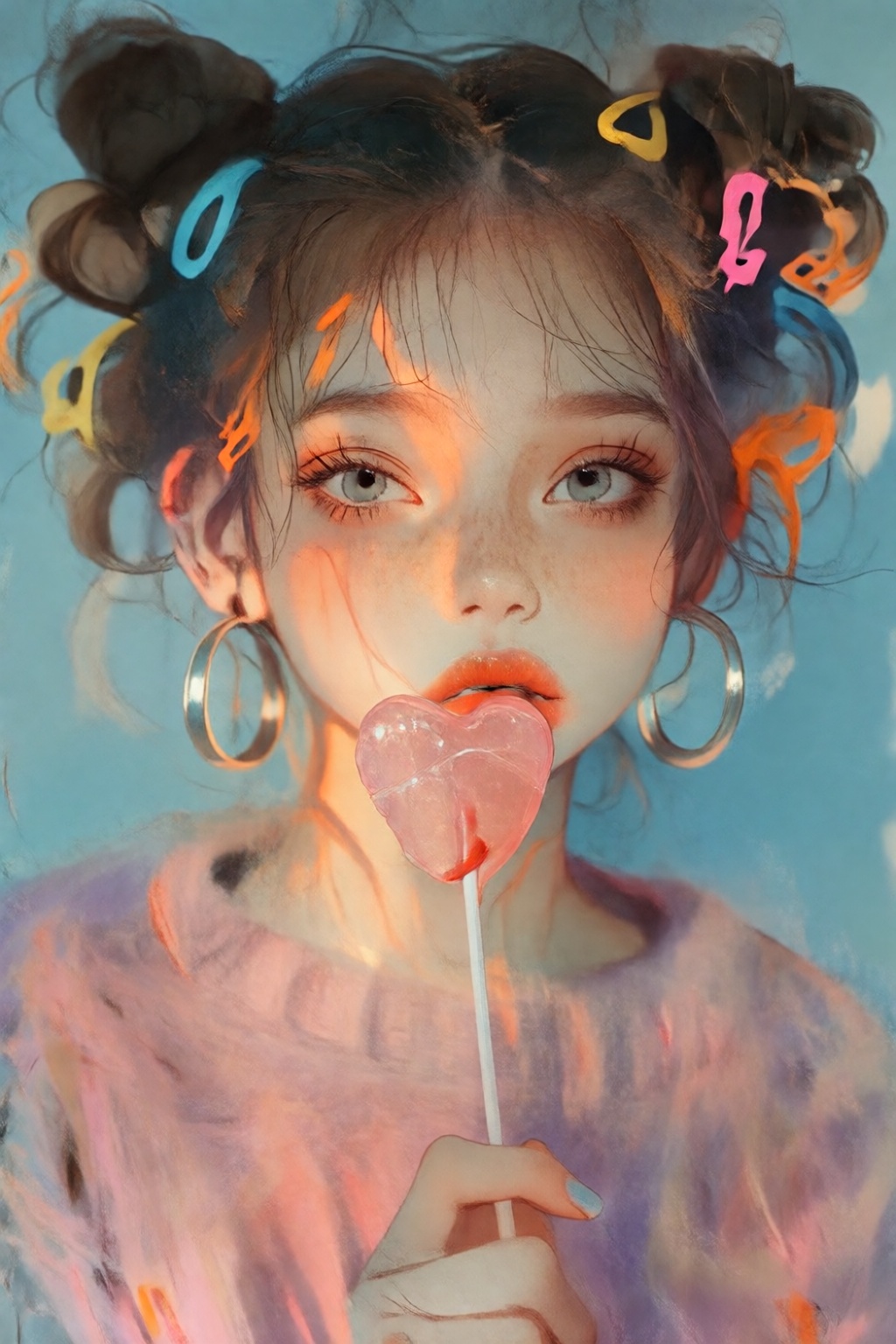 stankatayamaniji19k2e10 illustration. Close-up of a young woman with freckles and light-colored eyes looking forward. Her...