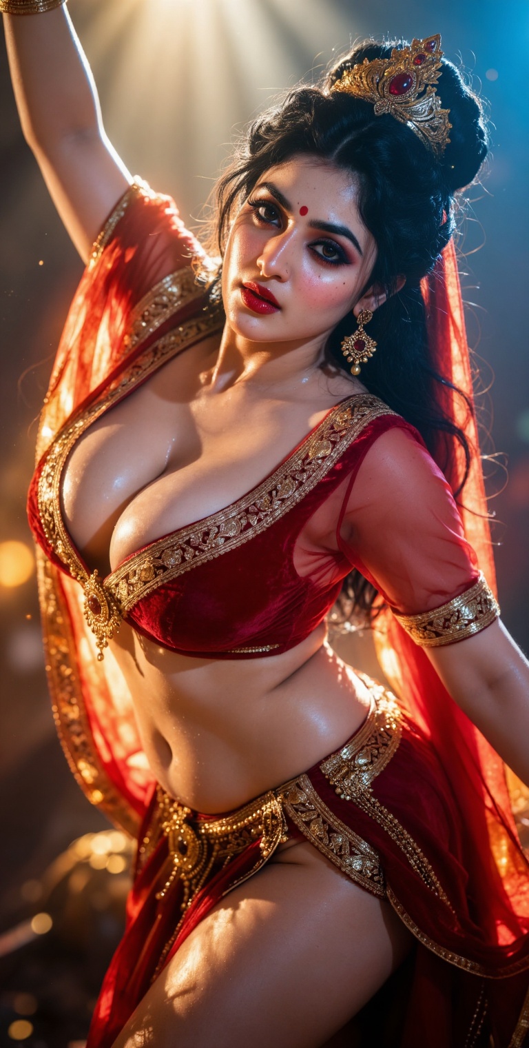 Ultra-cinematic 32k CGI rendering of a powerful seductive 24-year-old South Asian Indian woman embodying Durga avatar from...