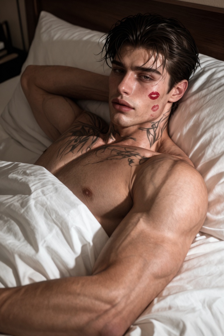 W3STMAN,  A portrait of a handsome western man is captured in a cinematic,  low-angle perspective while he reclines on a b...