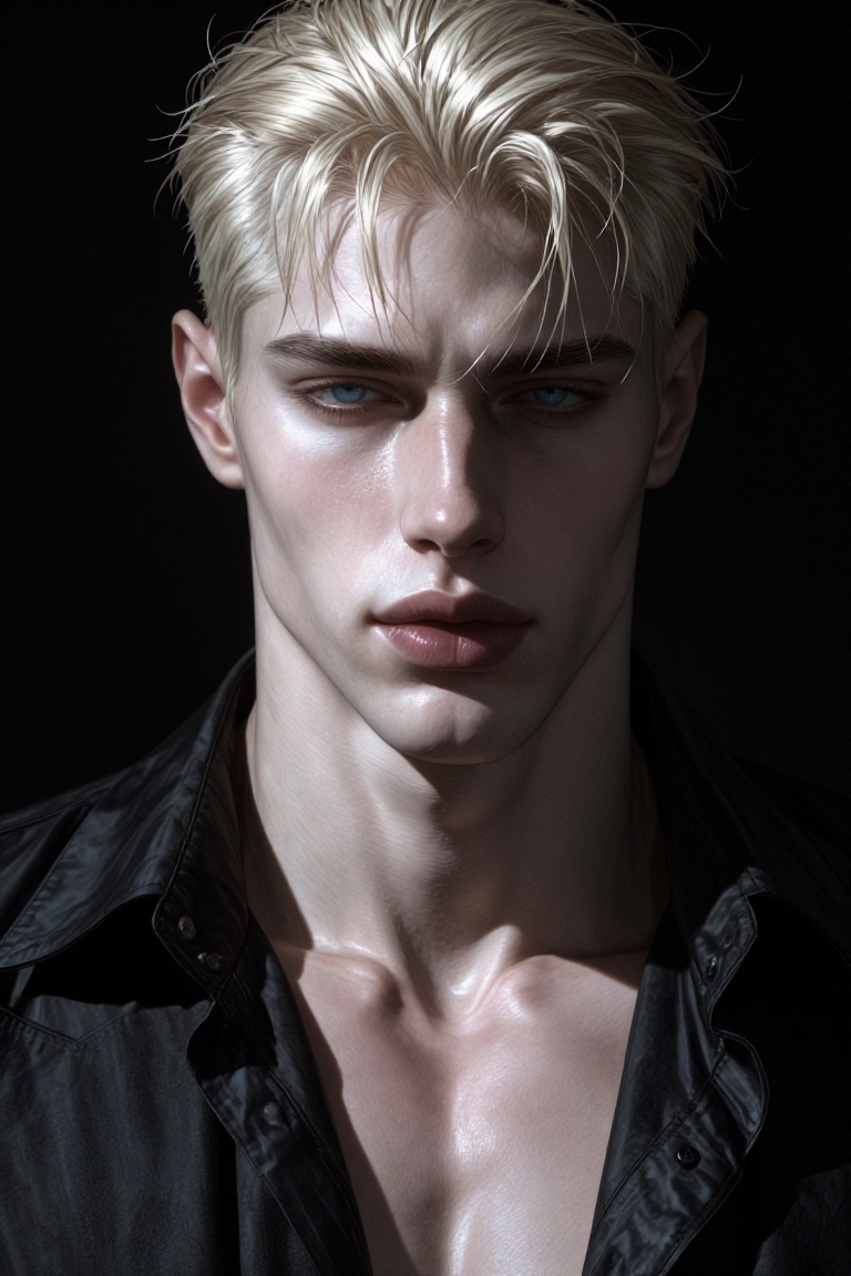 dramatic low-angle semi-closeup editorial portrait of a stunning blonde man,  platinum messy crop,  sharp ice-blue hunter...