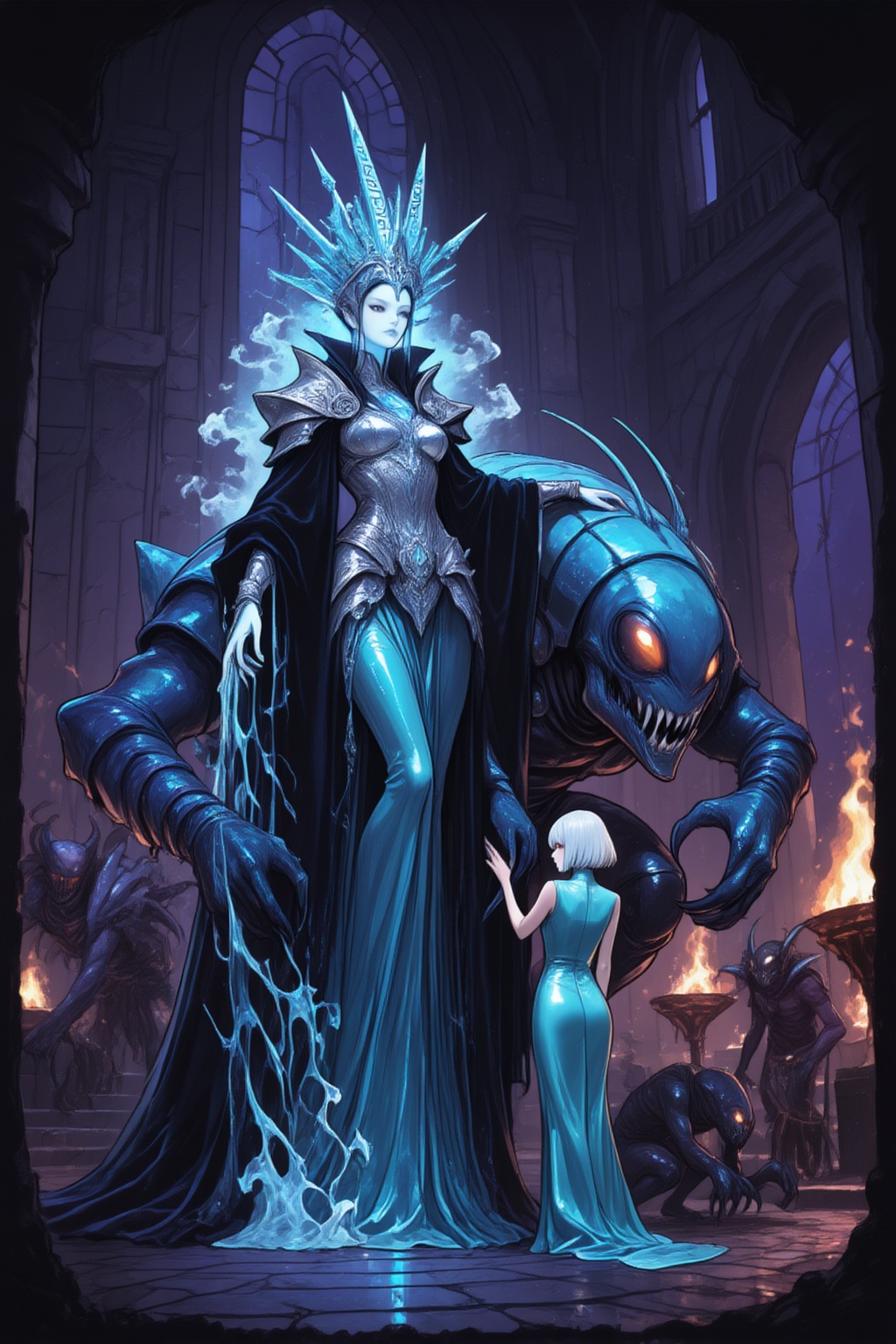 A towering and commanding otherworldly queen anchors this elaborate dark fantasy composition,  her presence radiating an i...