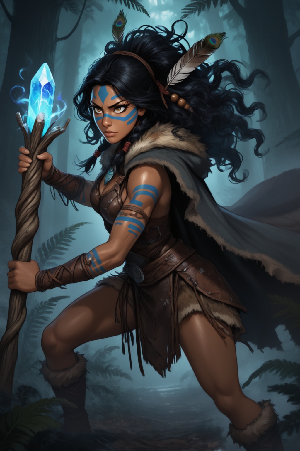 A detailed portrait of a 30-year-old female warrior of distinct Indigenous heritage,  characterized by a slender athletic...