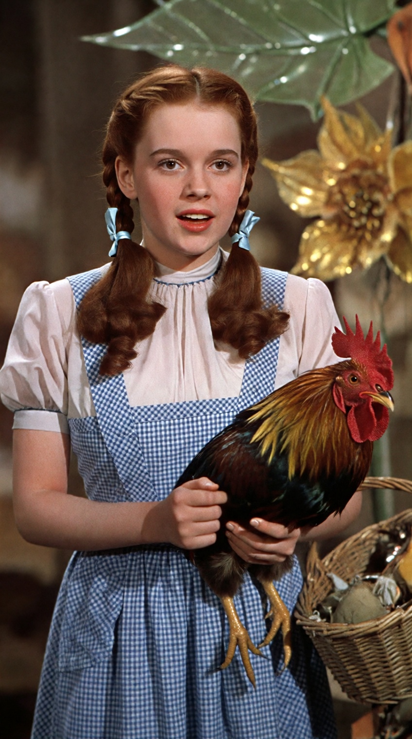 A young woman with auburn hair styled in two braided pigtails tied with light blue ribbons wears a white blouse under a bl...