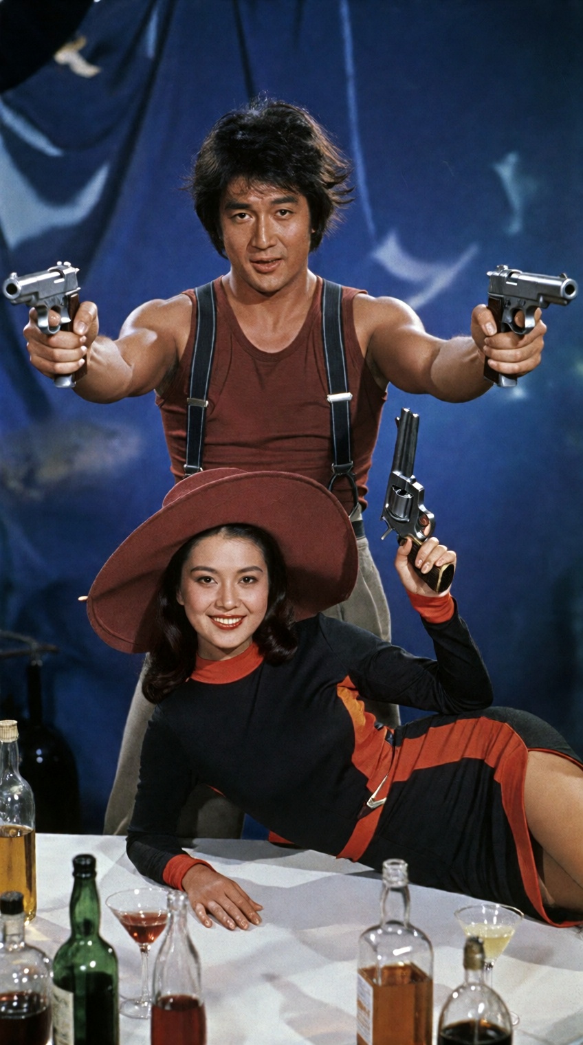A vibrant studio promotional photograph featuring two Asian actors posed in a dynamic action-comedy tableau against a deep...