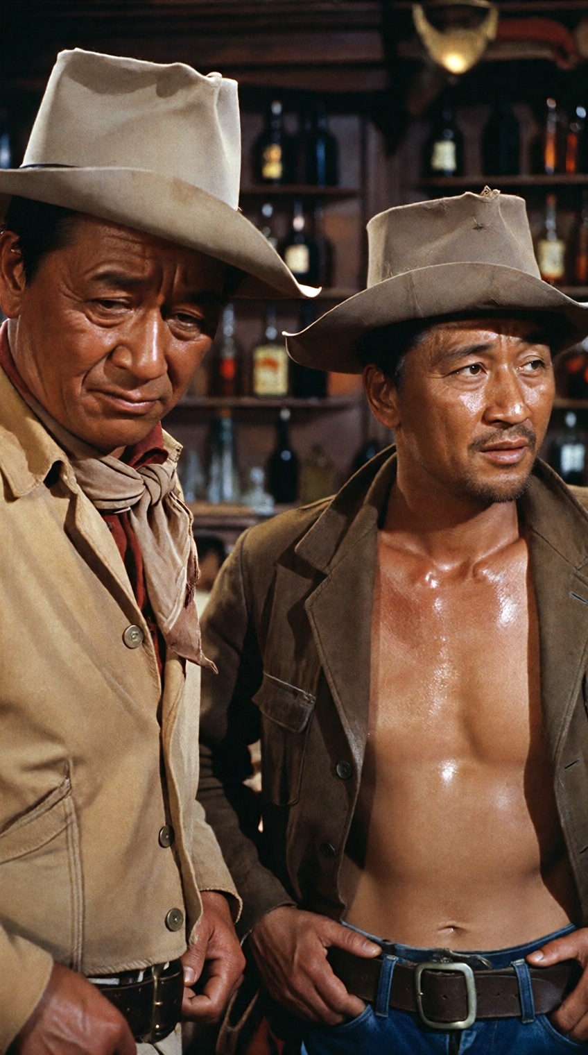 Two Chinese men in cowboy attire stand side by side inside a dimly lit saloon,  shelves of glass bottles lining the backgr...
