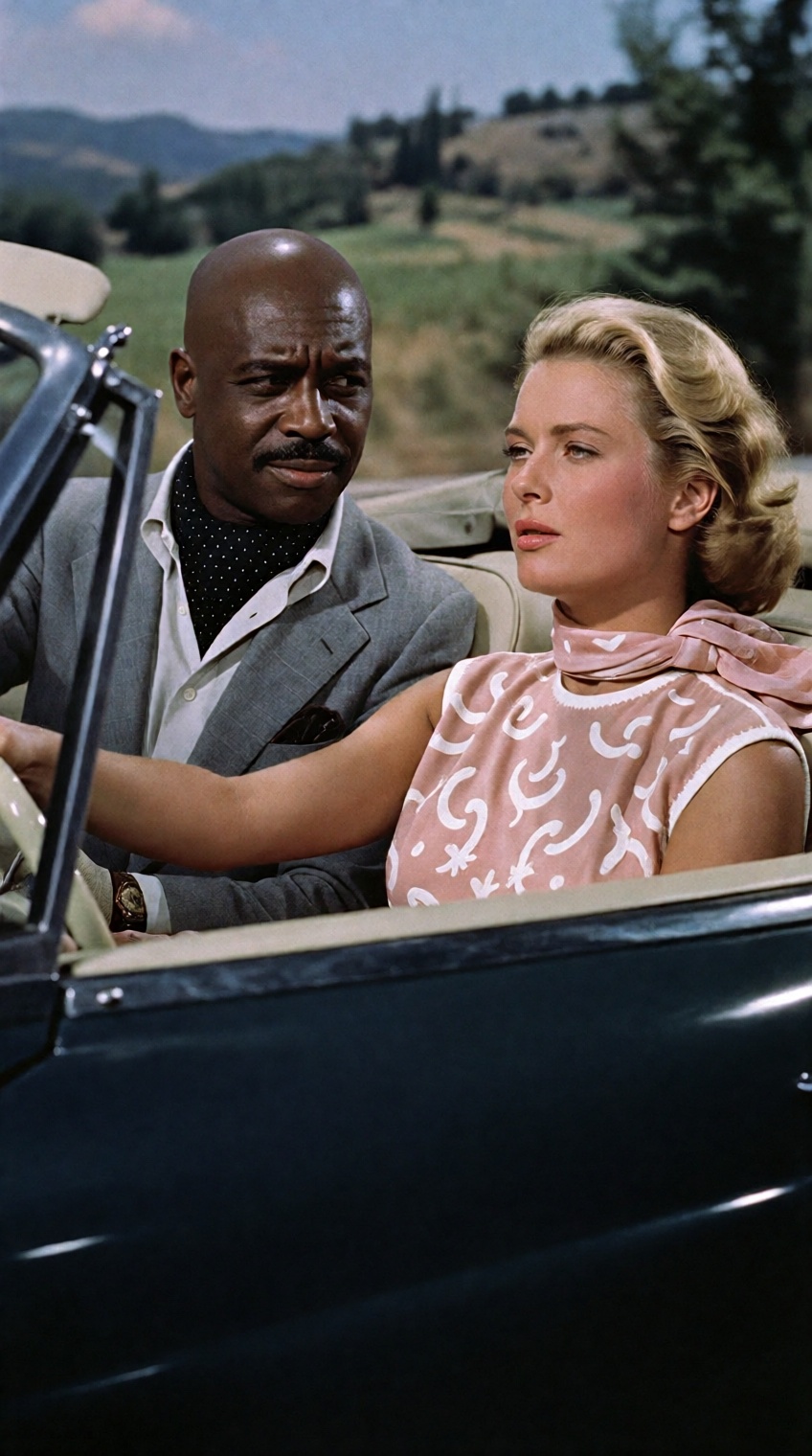 A bald,  black african man in a gray suit with a black polka-dot scarf sits in the passenger seat of a dark convertible,...