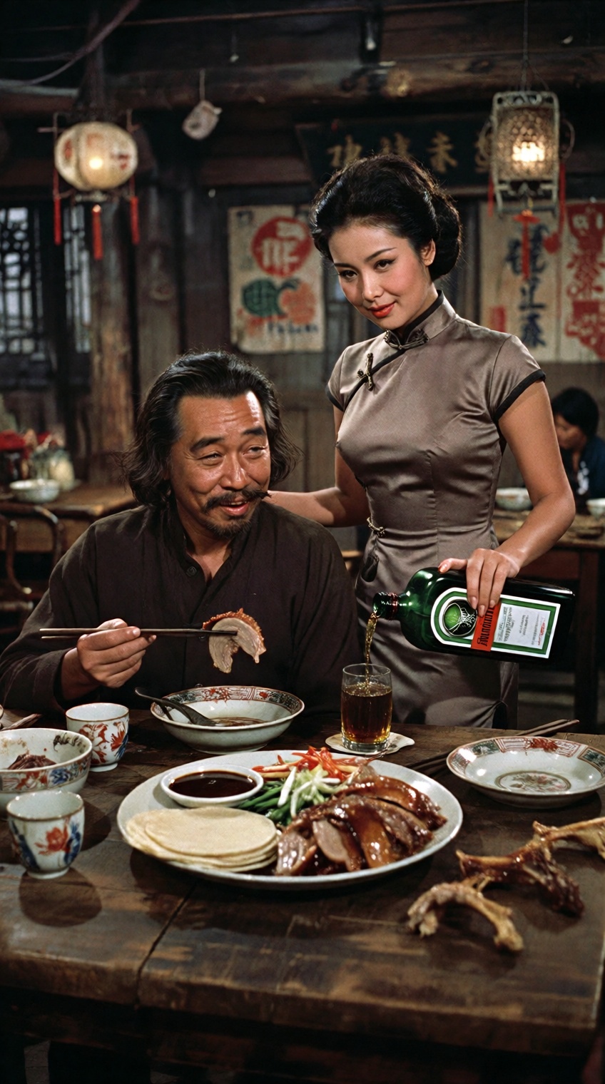 A cinematic medium shot capturing a scene styled in the gritty,  atmospheric aesthetic of 1970s Hong Kong cinema. Seated a...