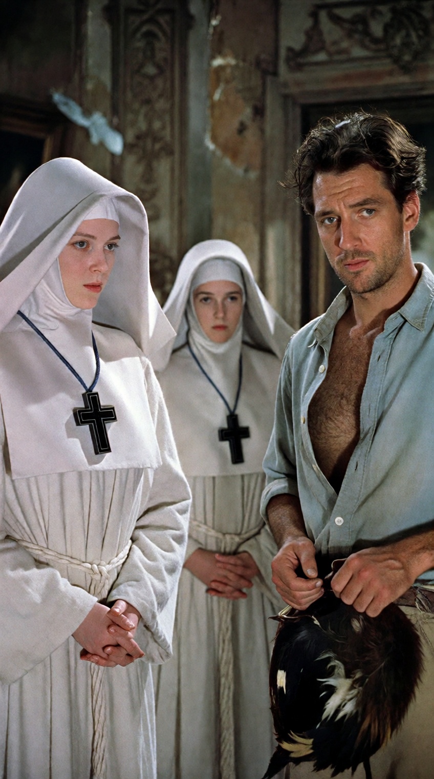 Three figures stand in a dimly lit interior with ornate,  aged walls: two women in traditional white nun habits,  each wea...
