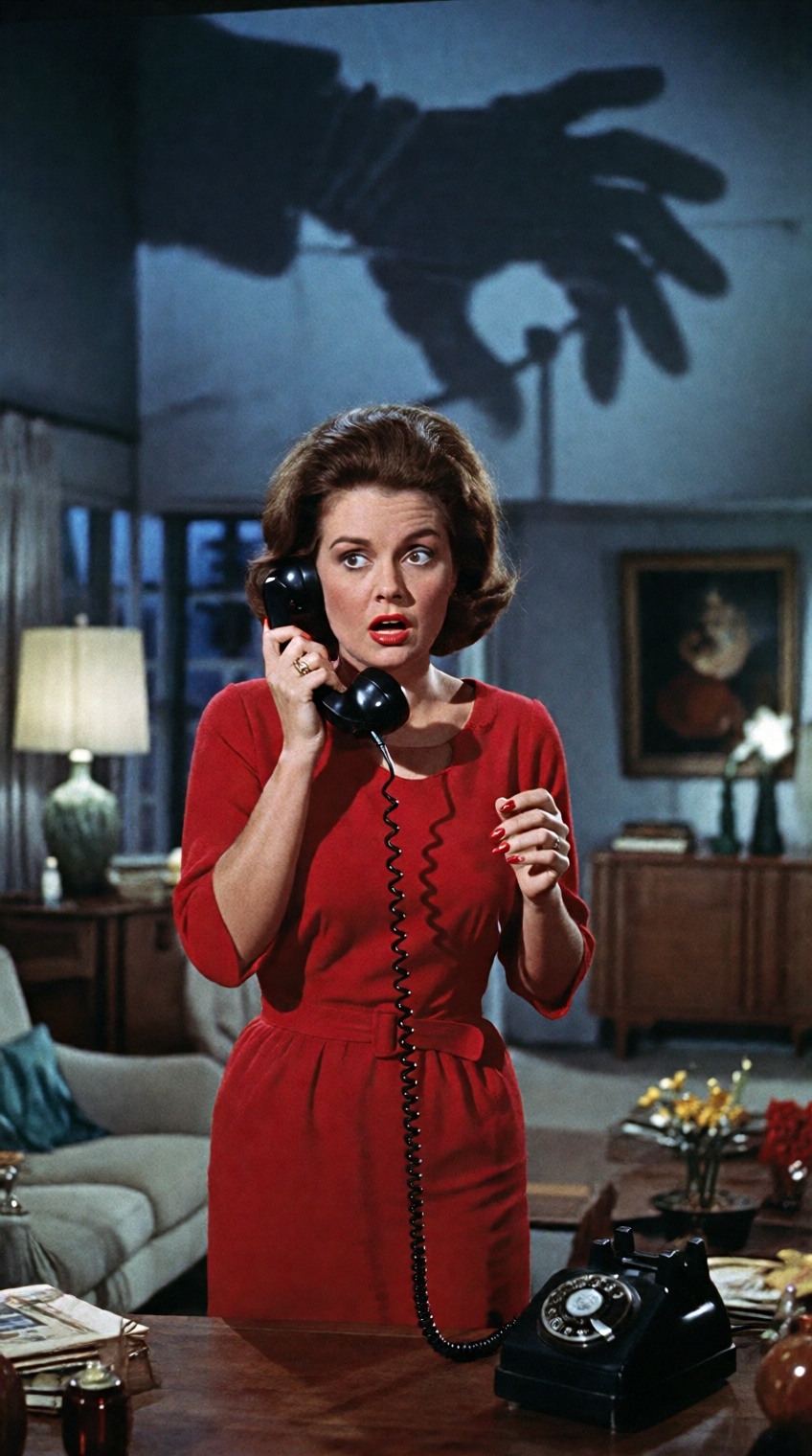 A late 1960s Giallo suspense thriller movie still. An elegant woman in a vivid red dress stands in a stylish mid-century m...