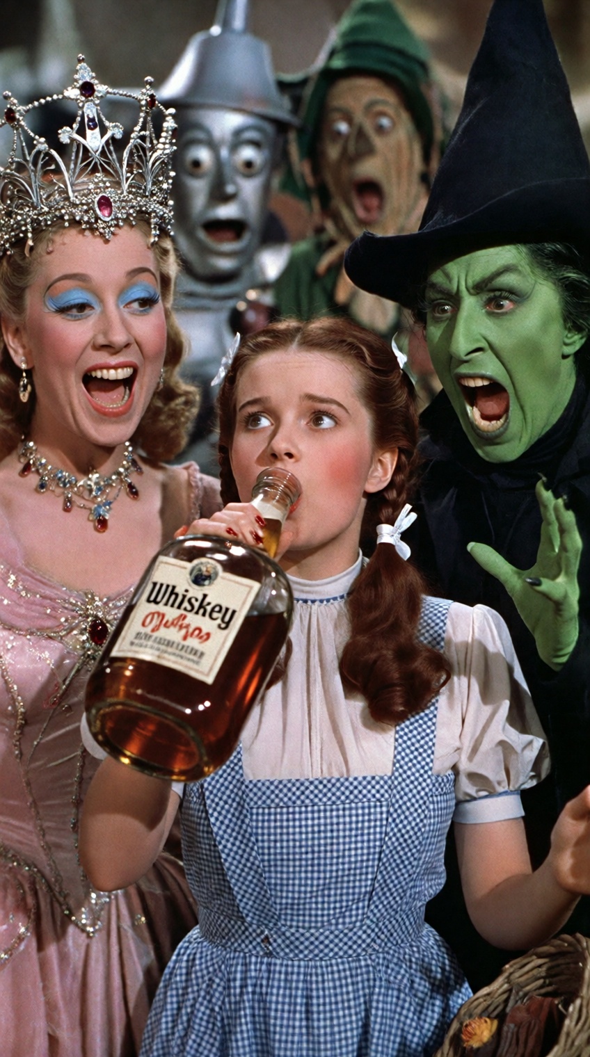 A vivid,  close-up group portrait of characters styled after The Wizard of Oz engaged in a chaotic moment. Dorothy,  in th...