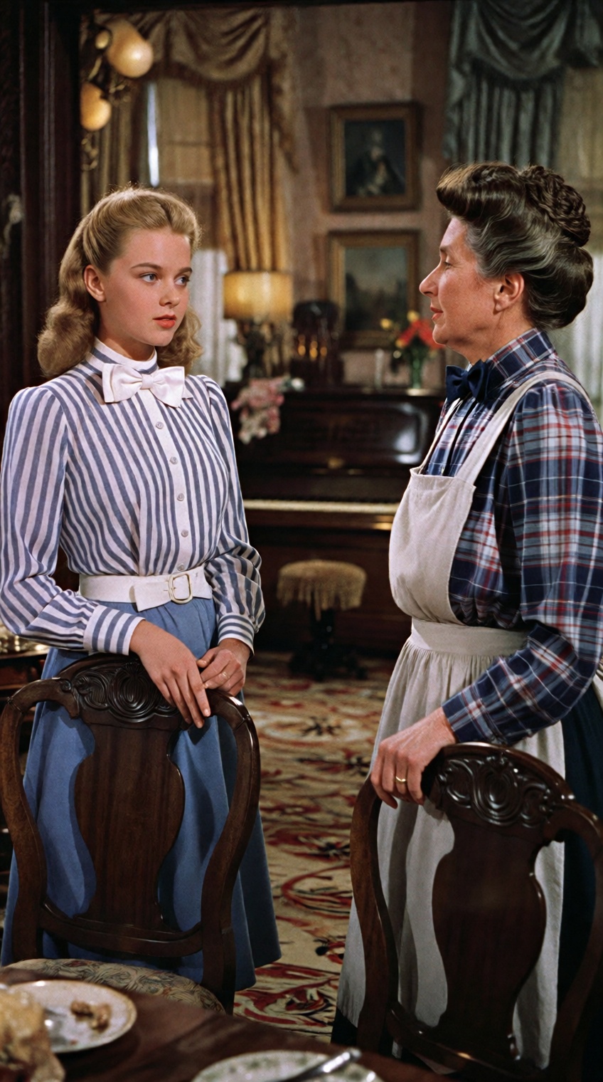 A young woman with blonde hair styled in soft waves wears a blue-and-white vertically striped blouse with a white bow at t...