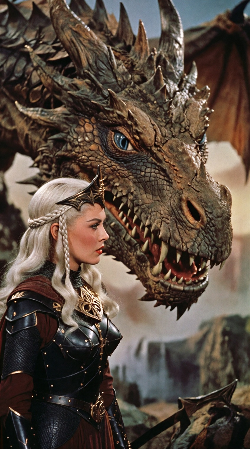 1950s epic fantasy film still,  Technicolor style. A fierce queen with long braided platinum blonde hair in black armor st...