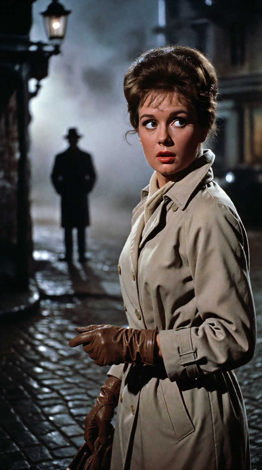 A 1960s classic suspense thriller movie still. A worried woman with a classic 1960s beehive hairstyle,  wearing a beige tr...