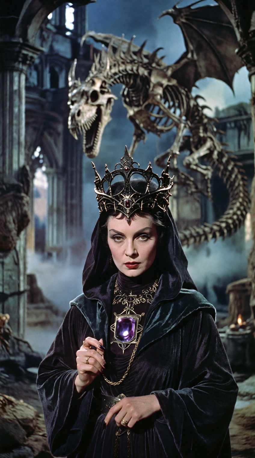 A 1960s dark fantasy movie screenshot. An elegant but sinister sorceress with sharp features,  wearing an elaborate crown...