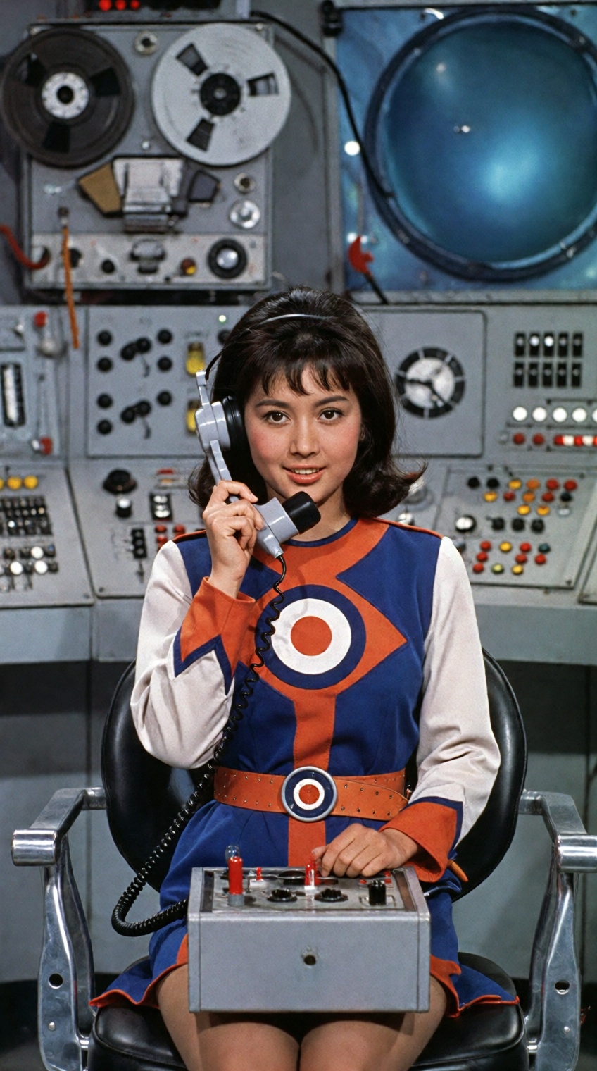 A vintage medium shot from a 1970s Japanese sci-fi television series featuring a young woman with dark,  shoulder-length h...
