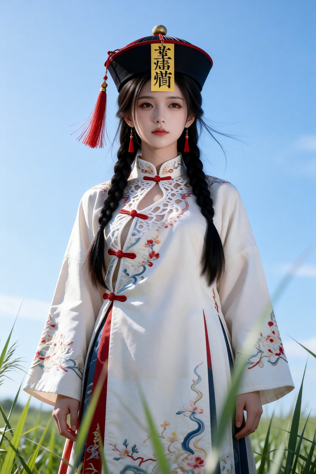 女子半身图片,  身着绣满清朝官服,  立身萋萋青草地间 by 剑舞轻风 on Tensor.Art