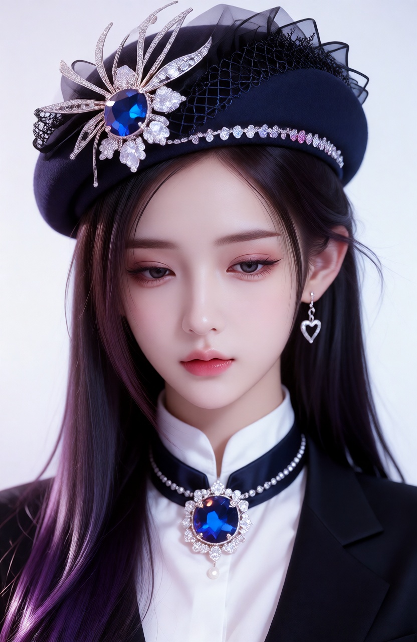 一位年轻女子肌肤细腻如玉,  一头顺直修长的紫发垂落,  眼眸低垂。她头戴黑色贝雷帽 by 剑舞轻风 on Tensor.Art