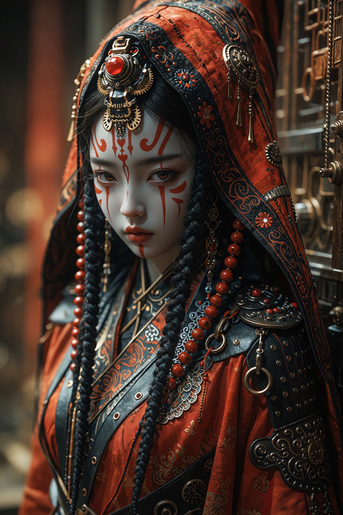 A high-detail digital illustration depicts a young woman in an elaborate red-themed ensemble blending traditional Eastern...