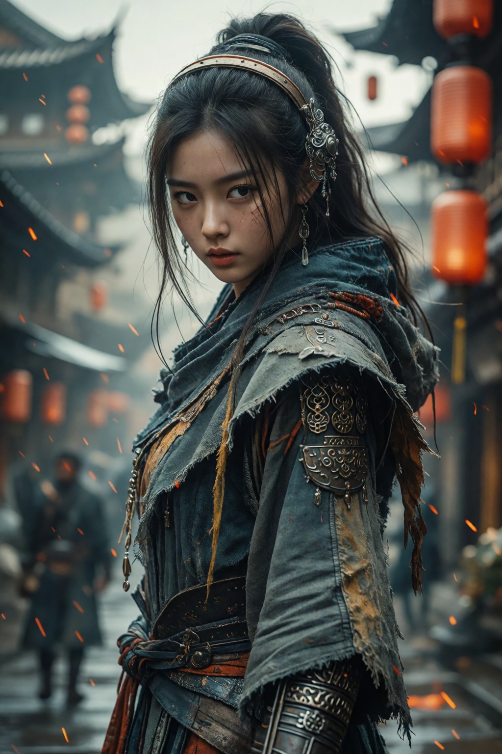 An eye-level medium shot depicts a young woman with East Asian features standing in a traditional urban setting. She wears...