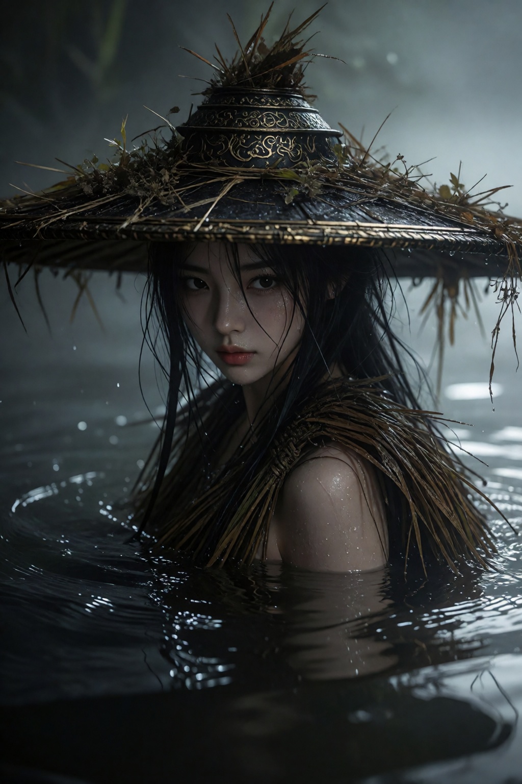 昏暗朦胧的环境之中,  一位目光锐利的年轻女子半身浸在静谧幽深的水里,  水面没过她胸口。她头戴宽檐斗笠 by 剑舞轻风 on Tensor.Art