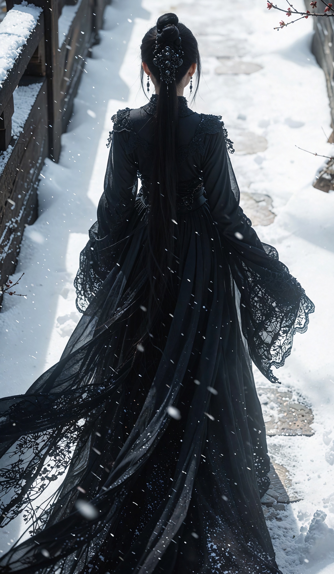 A woman with long black hair partially styled in an intricate updo with dark ornaments walks away from the viewer along a...