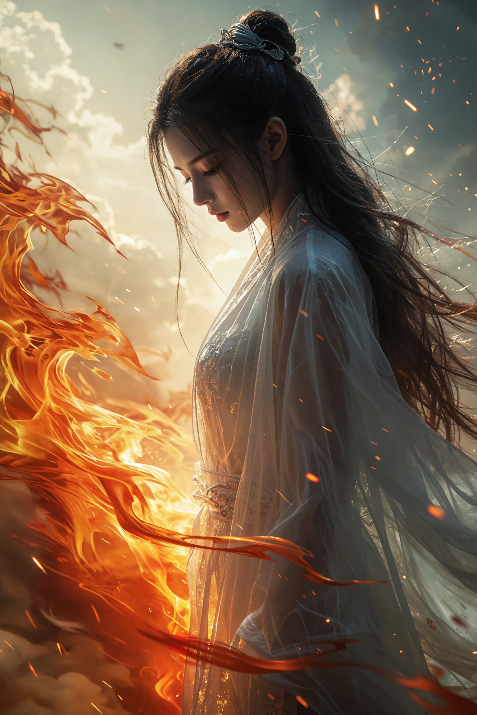 A tall slender woman with long dark hair tied in an intricate updo stands in a side profile her eyes cast downward in a co...