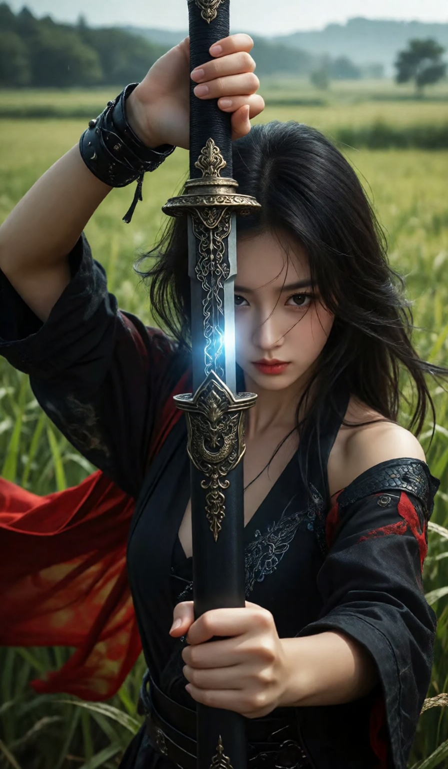 田野中,  黑发女子神情专注,  一只手持一柄剑的剑鞘 by 剑舞轻风 on Tensor.Art