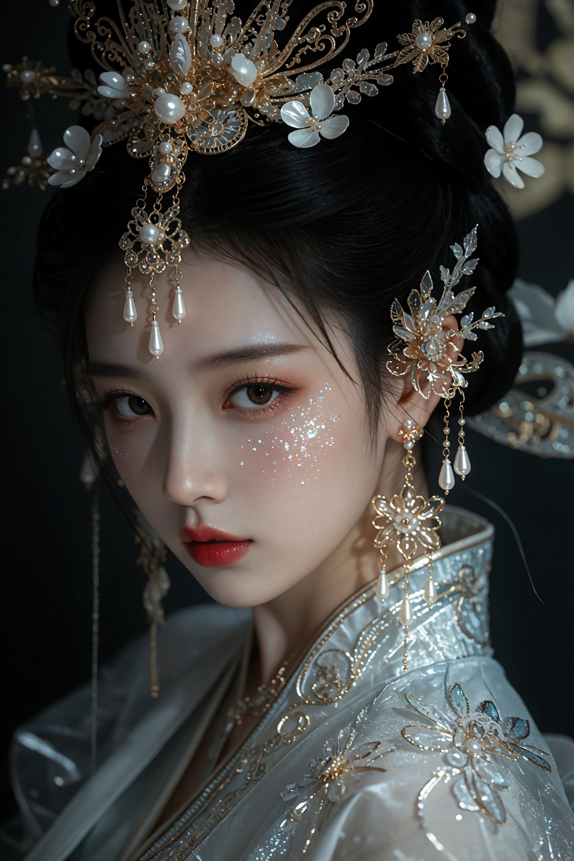 In a close-up portrait a woman is captured in elaborate traditional attire likely inspired by historical East Asian fashio...