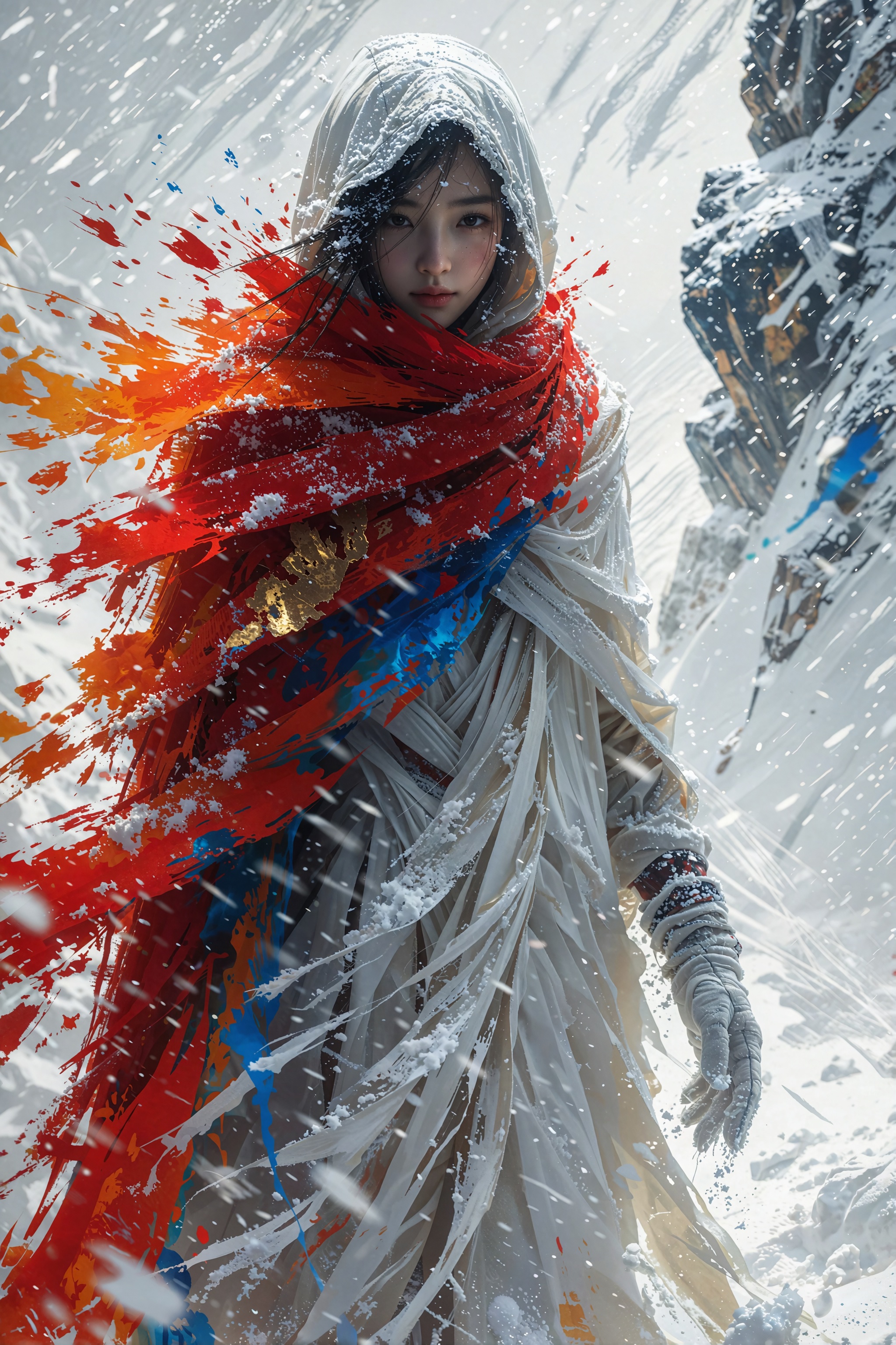 A digital artwork depicts a young woman with East Asian features wearing a white hooded garment standing amidst a swirling...
