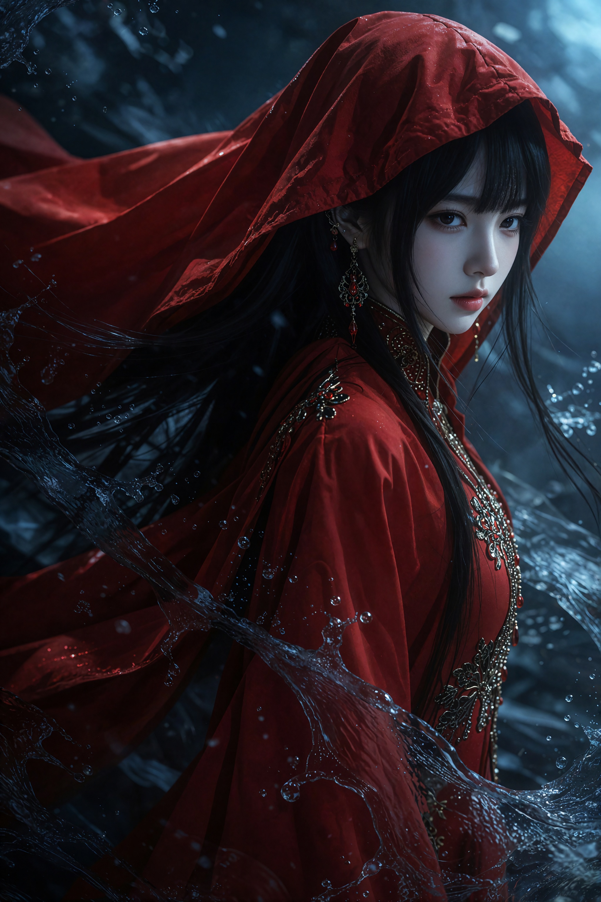 A young woman with pale skin and long black hair is portrayed from the shoulders up wearing a vibrant red hooded cloak and...
