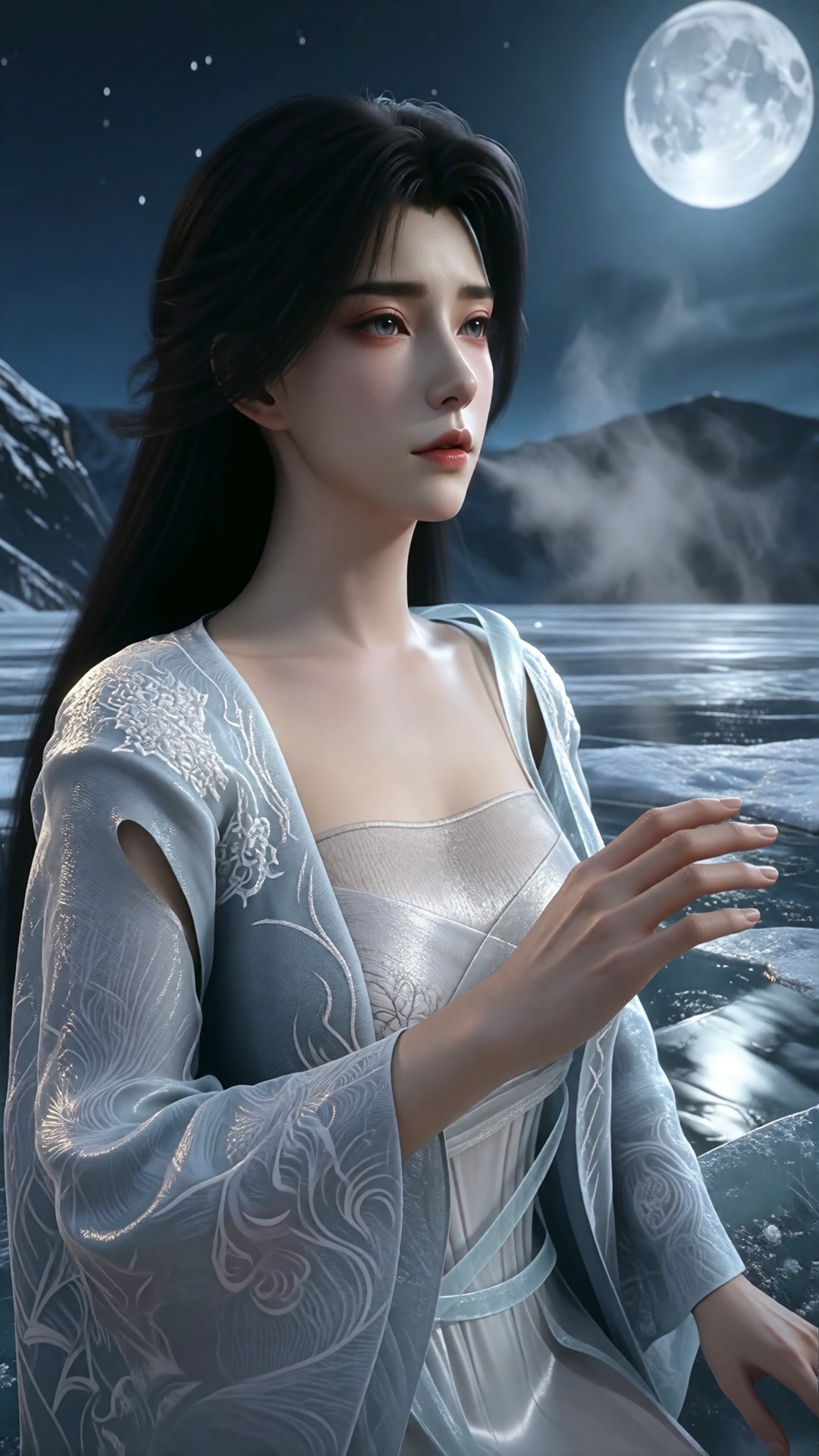 中景画面,  一位女子站在满月下的冰湖上,  苍白银蓝色月光从冰雪上反射 by 月恋-❀ on Tensor.Art
