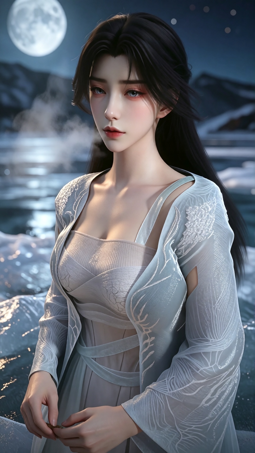 中景画面,  一位女子站在满月下的冰湖上,  苍白银蓝色月光从冰雪上反射 by 月恋-❀ on Tensor.Art