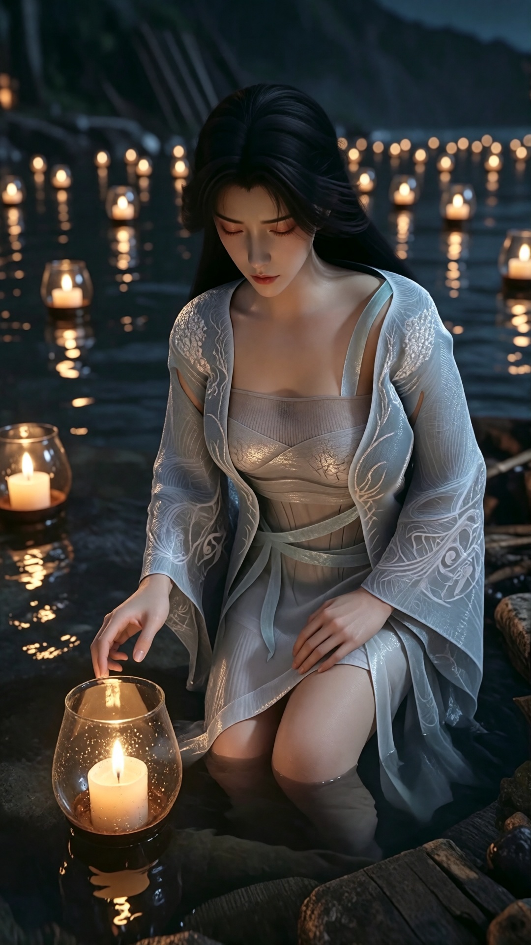 中景画面,  一位女子夜间跪在河边,  放逐一盏水灯 by 月恋-❀ on Tensor.Art