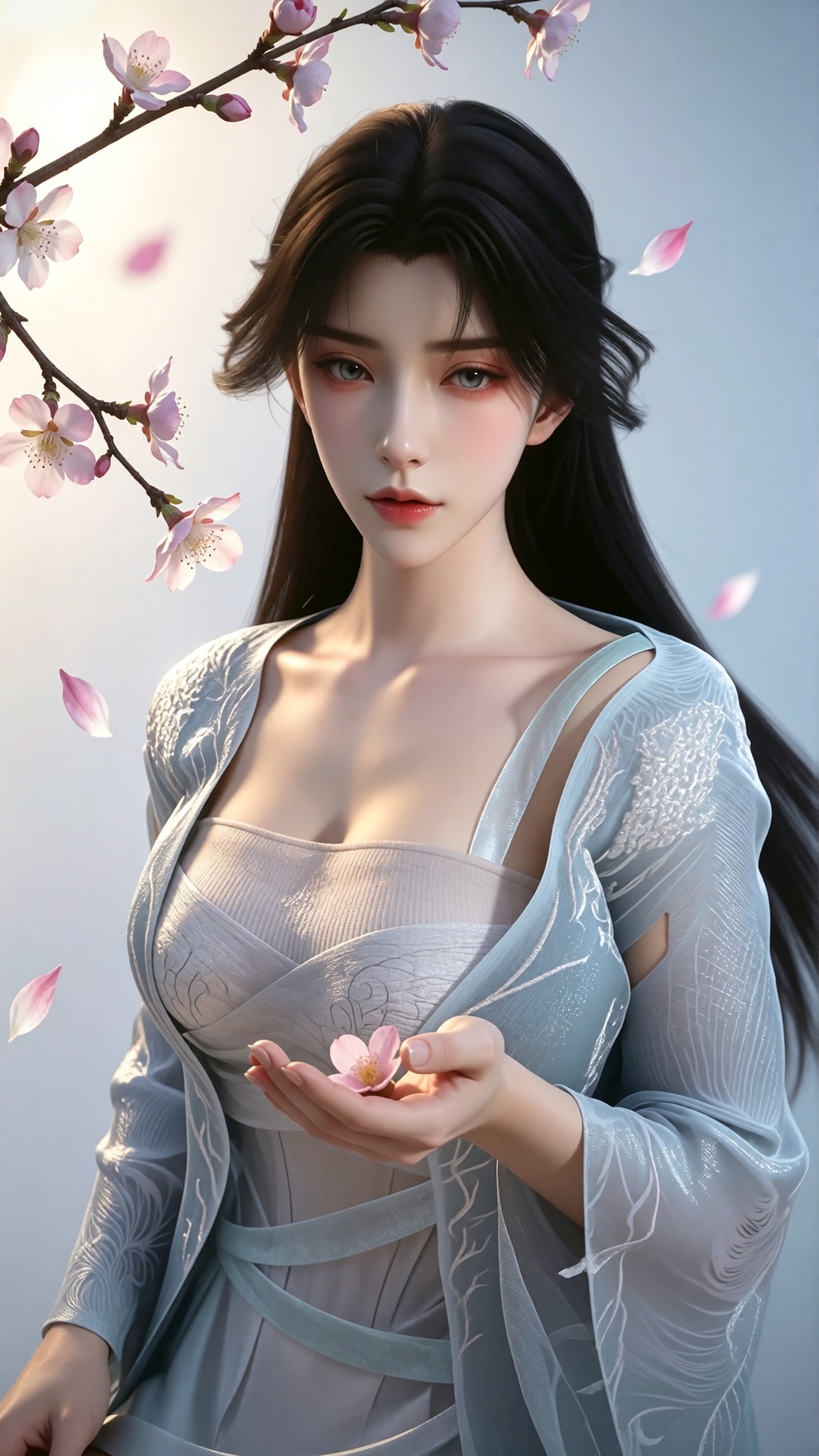 中景画面中,  一位美丽的女子伸手承接飘落的桃花瓣,  她的眼中充满了柔情。白光直射在她的身上 on Tensor.Art