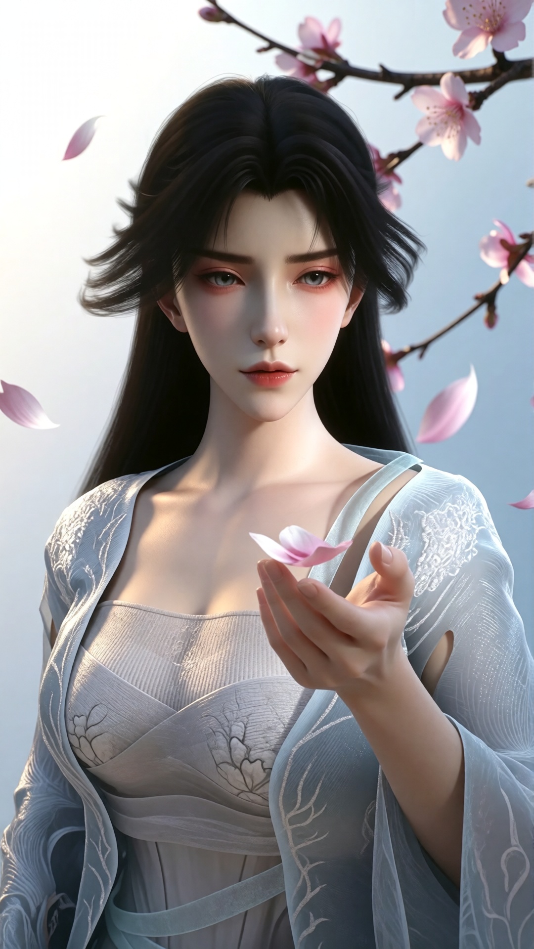 中景画面中,  一位美丽的女子伸手承接飘落的桃花瓣,  她的眼中充满了柔情。白光直射在她的身上 on Tensor.Art