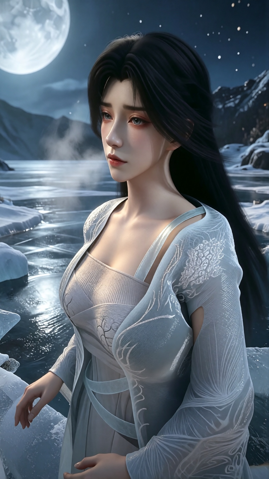 中景画面,  一位女子站在满月下的冰湖上,  苍白银蓝色月光从冰雪上反射 by 月恋-❀ on Tensor.Art