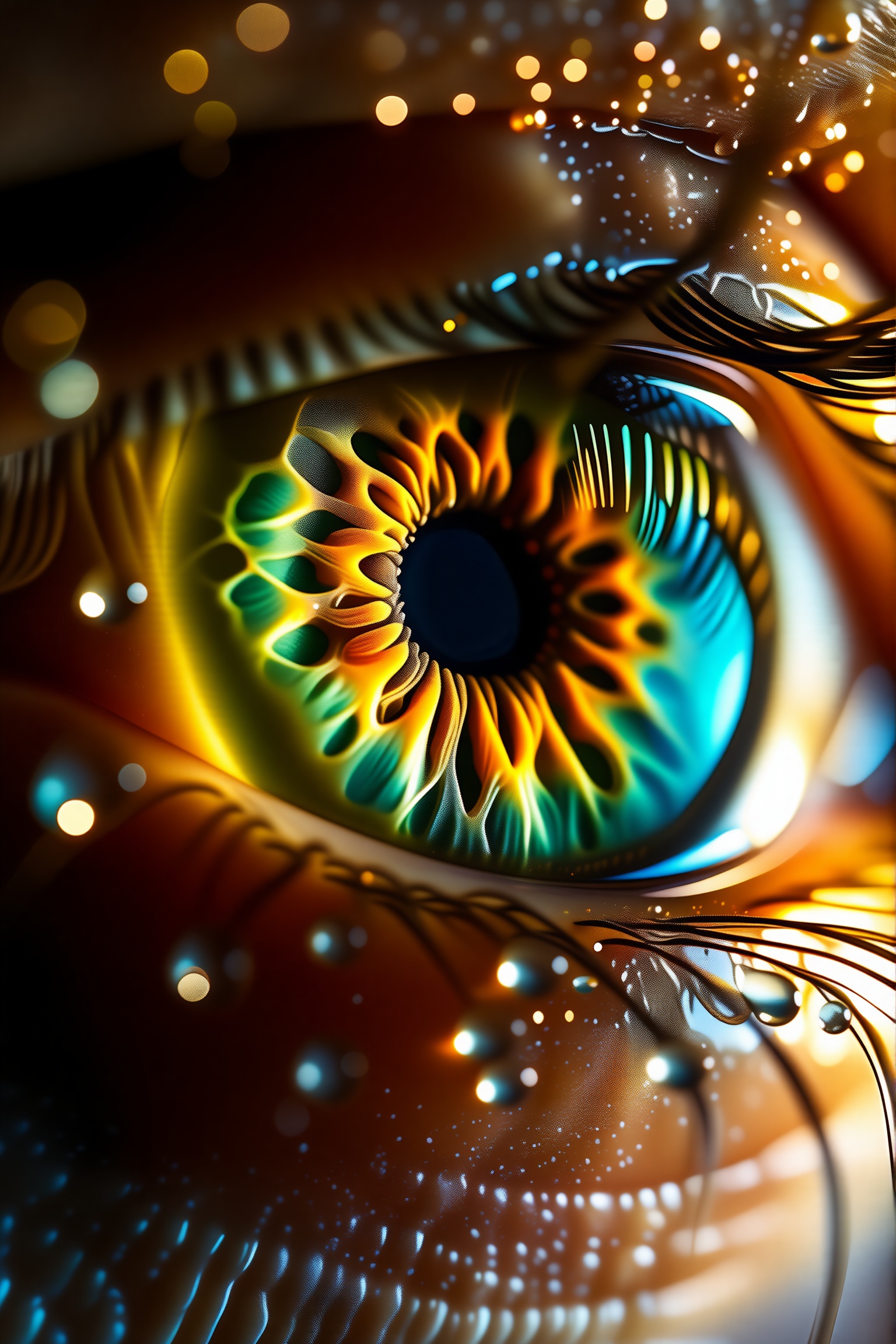 Extreme macro close-up photograph of a stunning,  surreal human eye. Tight framing isolates the eye and glistening wet ski...