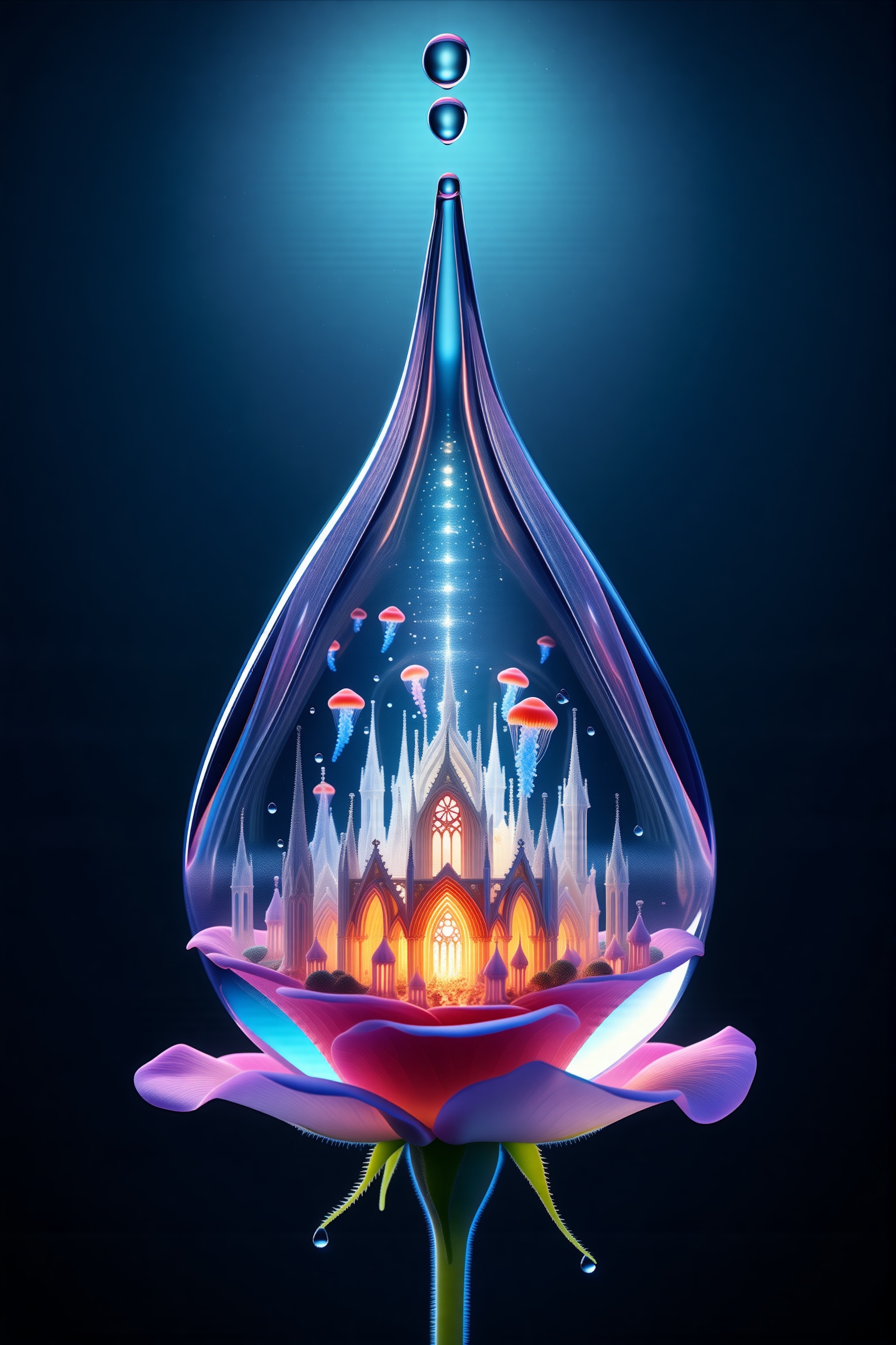 Microscopic universe hidden inside a single raindrop resting on a rose petal—infinitely nested gothic cathedrals carved fr...