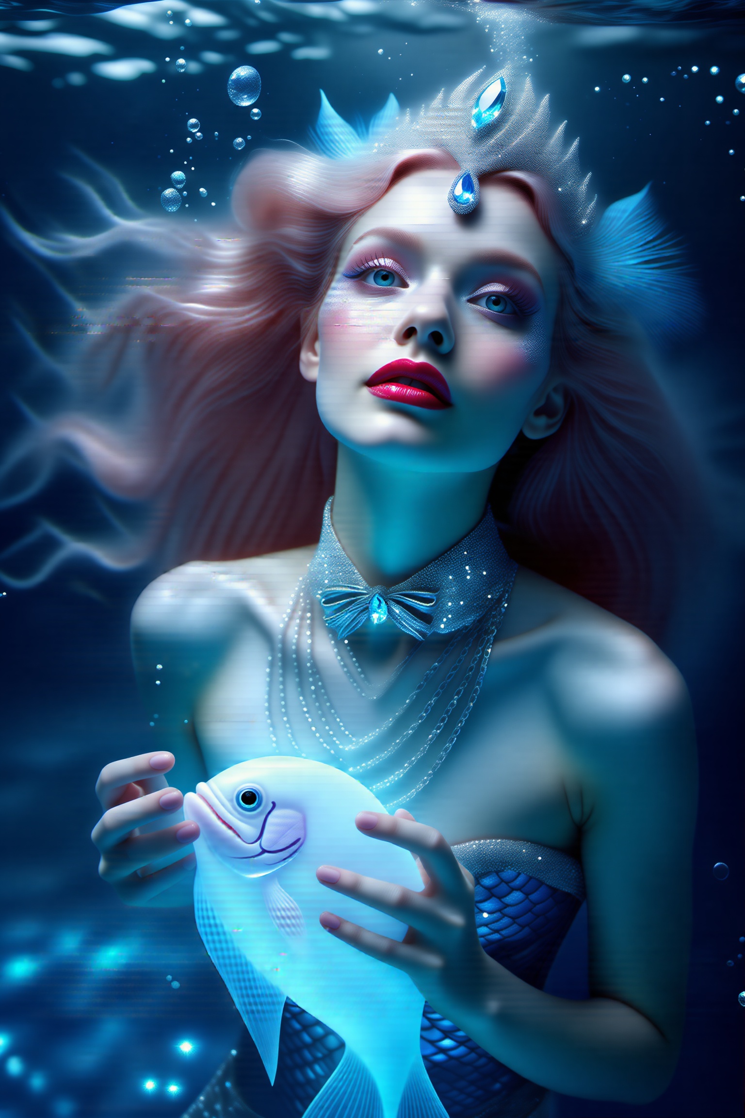 Breathtakingly ethereal mermaid queen,  half-body shot,  rising from dark ocean waters—hands gently cradling a softly glow...